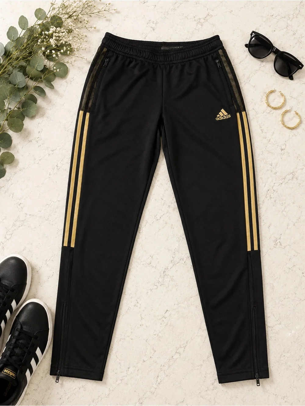 Adidas Black Gold 3 Stripe Track Pants Medium Ankle Zip